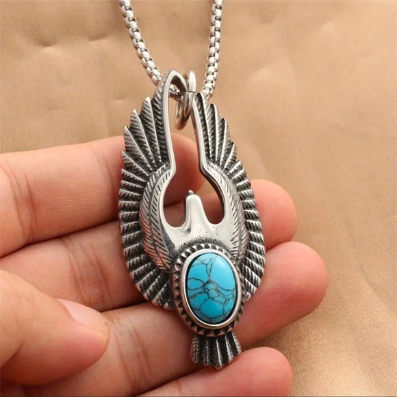 Tribal Eagle Wings Faux Turquoise Pendant Titanium Steel Southwestern Necklace - Picture 2 of 7